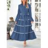 imagePRETTYGARDEN Womens Casual Dresses Loose Belted Long Lantern Sleeve Tiered Button Down Maxi Shirt Dress with PocketsDark Blue