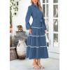 imagePRETTYGARDEN Womens Casual Dresses Loose Belted Long Lantern Sleeve Tiered Button Down Maxi Shirt Dress with PocketsDark Blue