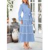 imagePRETTYGARDEN Womens Casual Dresses Loose Belted Long Lantern Sleeve Tiered Button Down Maxi Shirt Dress with PocketsLight Blue