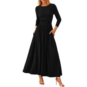 imagePRETTYGARDEN Womens 2025 Spring Casual Long Sleeve Maxi Dresses Crewneck Ruched A Line Flowy Elegant Modest Going Out DressBlack