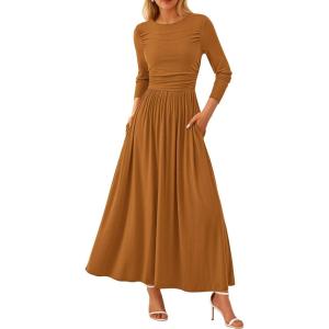 imagePRETTYGARDEN Womens 2025 Spring Casual Long Sleeve Maxi Dresses Crewneck Ruched A Line Flowy Elegant Modest Going Out DressBrown Yellow