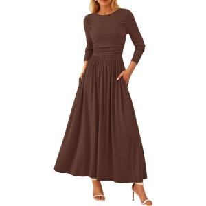imagePRETTYGARDEN Womens 2025 Spring Casual Long Sleeve Maxi Dresses Crewneck Ruched A Line Flowy Elegant Modest Going Out DressCoffee