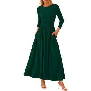 imagePRETTYGARDEN Womens 2025 Spring Casual Long Sleeve Maxi Dresses Crewneck Ruched A Line Flowy Elegant Modest Going Out DressDark Green
