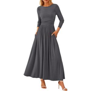 imagePRETTYGARDEN Womens 2025 Spring Casual Long Sleeve Maxi Dresses Crewneck Ruched A Line Flowy Elegant Modest Going Out DressGrey