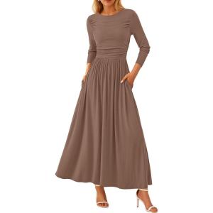 imagePRETTYGARDEN Womens 2025 Spring Casual Long Sleeve Maxi Dresses Crewneck Ruched A Line Flowy Elegant Modest Going Out DressKhaki