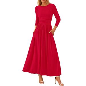 imagePRETTYGARDEN Womens 2025 Spring Casual Long Sleeve Maxi Dresses Crewneck Ruched A Line Flowy Elegant Modest Going Out DressRed