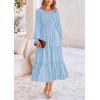 imagePRETTYGARDEN Womens Smocked Maxi Dress Spring Casual Long Sleeve Swiss Dot Ruffle Long Flowy Going Out Dresses with PocketsLight Blue