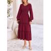 imagePRETTYGARDEN Womens Smocked Maxi Dress Spring Casual Long Sleeve Swiss Dot Ruffle Long Flowy Going Out Dresses with PocketsWine Red