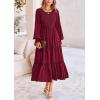 imagePRETTYGARDEN Womens Smocked Maxi Dress Spring Casual Long Sleeve Swiss Dot Ruffle Long Flowy Going Out Dresses with PocketsWine Red