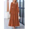 imagePRETTYGARDEN Womens Smocked Spring Maxi Dress Casual Fall Long Sleeve Square Neck Tiered A Line Flowy Dresses with PocketsBrown