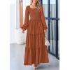 imagePRETTYGARDEN Womens Smocked Spring Maxi Dress Casual Fall Long Sleeve Square Neck Tiered A Line Flowy Dresses with PocketsBrown