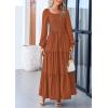imagePRETTYGARDEN Womens Smocked Spring Maxi Dress Casual Fall Long Sleeve Square Neck Tiered A Line Flowy Dresses with PocketsBrown