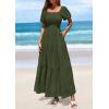 imagePRETTYGARDEN Womens Summer Puff Short Sleeve Maxi Dress Square Neck Smocked Tiered Ruffle A Line Long Flowy Beach DressesArmy Green