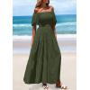 imagePRETTYGARDEN Womens Summer Puff Short Sleeve Maxi Dress Square Neck Smocked Tiered Ruffle A Line Long Flowy Beach DressesArmy Green