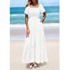 imagePRETTYGARDEN Womens Summer Puff Short Sleeve Maxi Dress Square Neck Smocked Tiered Ruffle A Line Long Flowy Beach DressesWhite