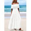 imagePRETTYGARDEN Womens Summer Puff Short Sleeve Maxi Dress Square Neck Smocked Tiered Ruffle A Line Long Flowy Beach DressesWhite