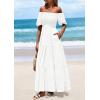 imagePRETTYGARDEN Womens Summer Puff Short Sleeve Maxi Dress Square Neck Smocked Tiered Ruffle A Line Long Flowy Beach DressesWhite