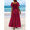 imagePRETTYGARDEN Womens Summer Puff Short Sleeve Maxi Dress Square Neck Smocked Tiered Ruffle A Line Long Flowy Beach DressesWine Red