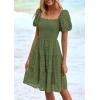 imagePRETTYGARDEN Womens Summer Puff Sleeve Mini Dress Off Shoulder Eyelet Smocked A Line Casual Babydoll Short DressesArmy Green