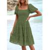 imagePRETTYGARDEN Womens Summer Puff Sleeve Mini Dress Off Shoulder Eyelet Smocked A Line Casual Babydoll Short DressesArmy Green