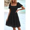 imagePRETTYGARDEN Womens Summer Puff Sleeve Mini Dress Off Shoulder Eyelet Smocked A Line Casual Babydoll Short DressesBlack