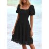 imagePRETTYGARDEN Womens Summer Puff Sleeve Mini Dress Off Shoulder Eyelet Smocked A Line Casual Babydoll Short DressesBlack