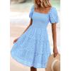 imagePRETTYGARDEN Womens Summer Puff Sleeve Mini Dress Off Shoulder Eyelet Smocked A Line Casual Babydoll Short DressesBlue