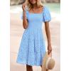 imagePRETTYGARDEN Womens Summer Puff Sleeve Mini Dress Off Shoulder Eyelet Smocked A Line Casual Babydoll Short DressesBlue
