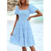 imagePRETTYGARDEN Womens Summer Puff Sleeve Mini Dress Off Shoulder Eyelet Smocked A Line Casual Babydoll Short DressesBlue