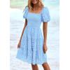 imagePRETTYGARDEN Womens Summer Puff Sleeve Mini Dress Off Shoulder Eyelet Smocked A Line Casual Babydoll Short DressesBlue