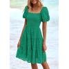 imagePRETTYGARDEN Womens Summer Puff Sleeve Mini Dress Off Shoulder Eyelet Smocked A Line Casual Babydoll Short DressesGreen