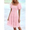 imagePRETTYGARDEN Womens Summer Puff Sleeve Mini Dress Off Shoulder Eyelet Smocked A Line Casual Babydoll Short DressesPink