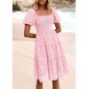 imagePRETTYGARDEN Womens Summer Puff Sleeve Mini Dress Off Shoulder Eyelet Smocked A Line Casual Babydoll Short DressesPink