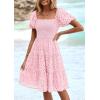 imagePRETTYGARDEN Womens Summer Puff Sleeve Mini Dress Off Shoulder Eyelet Smocked A Line Casual Babydoll Short DressesPink