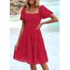 imagePRETTYGARDEN Womens Summer Puff Sleeve Mini Dress Off Shoulder Eyelet Smocked A Line Casual Babydoll Short DressesRed