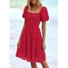 imagePRETTYGARDEN Womens Summer Puff Sleeve Mini Dress Off Shoulder Eyelet Smocked A Line Casual Babydoll Short DressesRed