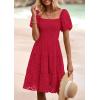imagePRETTYGARDEN Womens Summer Puff Sleeve Mini Dress Off Shoulder Eyelet Smocked A Line Casual Babydoll Short DressesRed