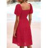 imagePRETTYGARDEN Womens Summer Puff Sleeve Mini Dress Off Shoulder Eyelet Smocked A Line Casual Babydoll Short DressesRed