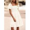 imagePRETTYGARDEN Womens Summer Puff Sleeve Mini Dress Off Shoulder Eyelet Smocked A Line Casual Babydoll Short DressesWhite
