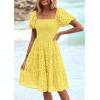 imagePRETTYGARDEN Womens Summer Puff Sleeve Mini Dress Off Shoulder Eyelet Smocked A Line Casual Babydoll Short DressesYellow