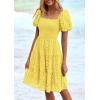 imagePRETTYGARDEN Womens Summer Puff Sleeve Mini Dress Off Shoulder Eyelet Smocked A Line Casual Babydoll Short DressesYellow