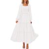 imagePRETTYGARDEN Womens Smocked Spring Maxi Dress Casual Fall Long Sleeve Square Neck Tiered A Line Flowy Dresses with PocketsWhite