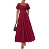 imagePRETTYGARDEN Womens Summer Puff Short Sleeve Maxi Dress Square Neck Smocked Tiered Ruffle A Line Long Flowy Beach DressesWine Red