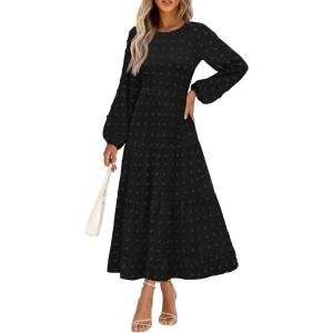 imagePRETTYGARDEN Womens Fall Spring Elegant Long Sleeve Maxi Dress Swiss Dot A Line Flowy Casual Holiday Party Going Out DressesBlack