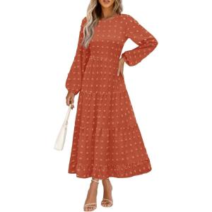 imagePRETTYGARDEN Womens Fall Spring Elegant Long Sleeve Maxi Dress Swiss Dot A Line Flowy Casual Holiday Party Going Out DressesBrick Red