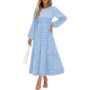 imagePRETTYGARDEN Womens Fall Spring Elegant Long Sleeve Maxi Dress Swiss Dot A Line Flowy Casual Holiday Party Going Out DressesLight Blue