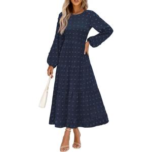 imagePRETTYGARDEN Womens Fall Spring Elegant Long Sleeve Maxi Dress Swiss Dot A Line Flowy Casual Holiday Party Going Out DressesNavy