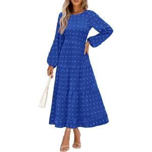 imagePRETTYGARDEN Womens Fall Spring Elegant Long Sleeve Maxi Dress Swiss Dot A Line Flowy Casual Holiday Party Going Out DressesRoyal Blue
