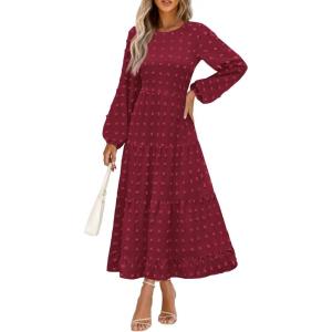 imagePRETTYGARDEN Womens Fall Spring Elegant Long Sleeve Maxi Dress Swiss Dot A Line Flowy Casual Holiday Party Going Out DressesWine Red