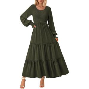 imagePRETTYGARDEN Womens Smocked Maxi Dress Spring Casual Long Sleeve Swiss Dot Ruffle Long Flowy Going Out Dresses with PocketsArmy Green